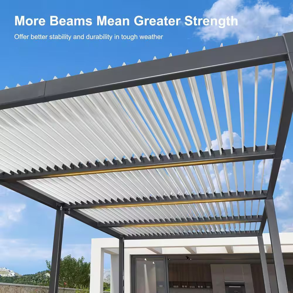11.7 Ft. X 28.1 Ft. Gray Aluminum Outdoor Louvered Pergola with 4 White Individual Adjustable Roofs and In-Built Gutter