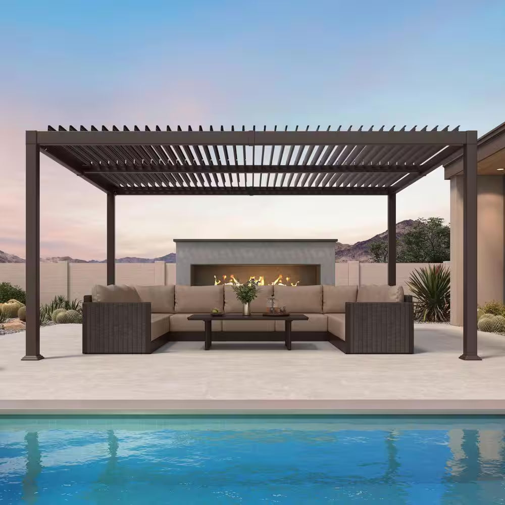 11.6 Ft. X 15.1 Ft. Bronze Aluminum Outdoor Louvered Pergola with 2-Individual Adjustable Roofs and In-Built Gutter
