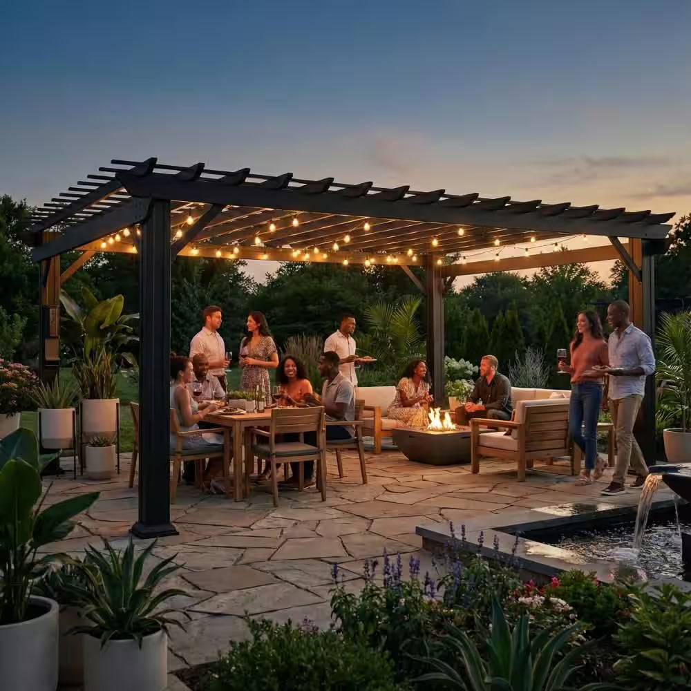 Stratford 16 Ft. X 12 Ft. Black Galvanized Steel Traditional Outdoor Patio Pergola with Trellis Roof