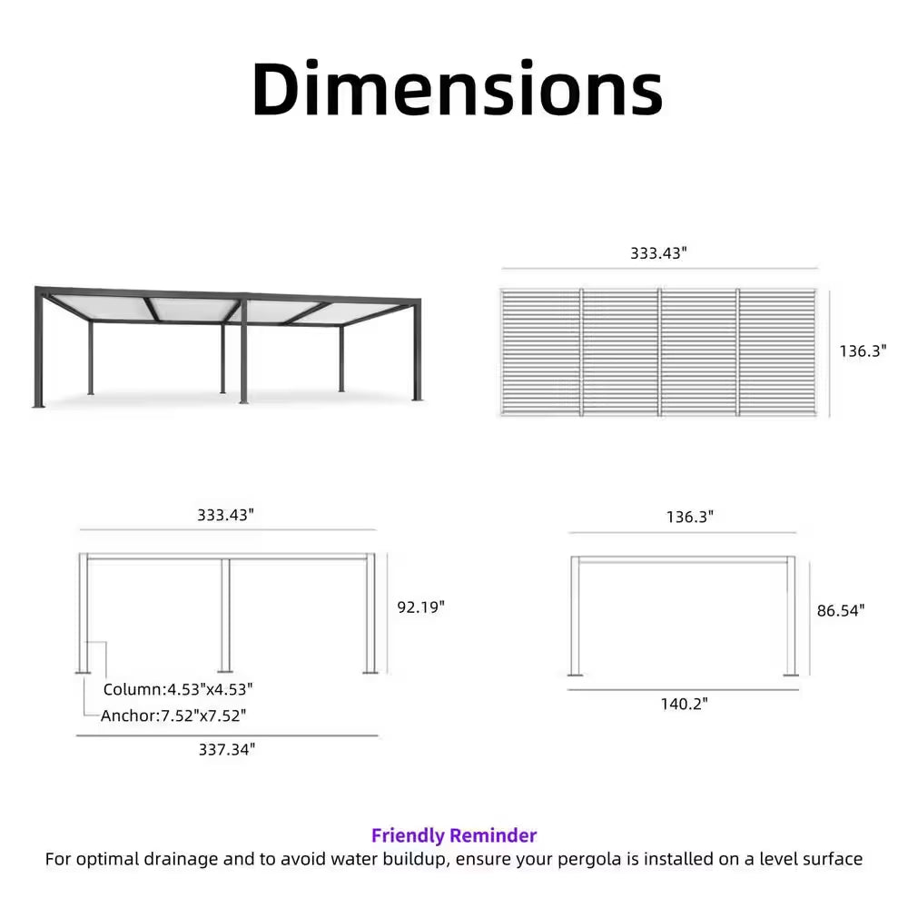 11.7 Ft. X 28.1 Ft. Gray Aluminum Outdoor Louvered Pergola with 4 White Individual Adjustable Roofs and In-Built Gutter