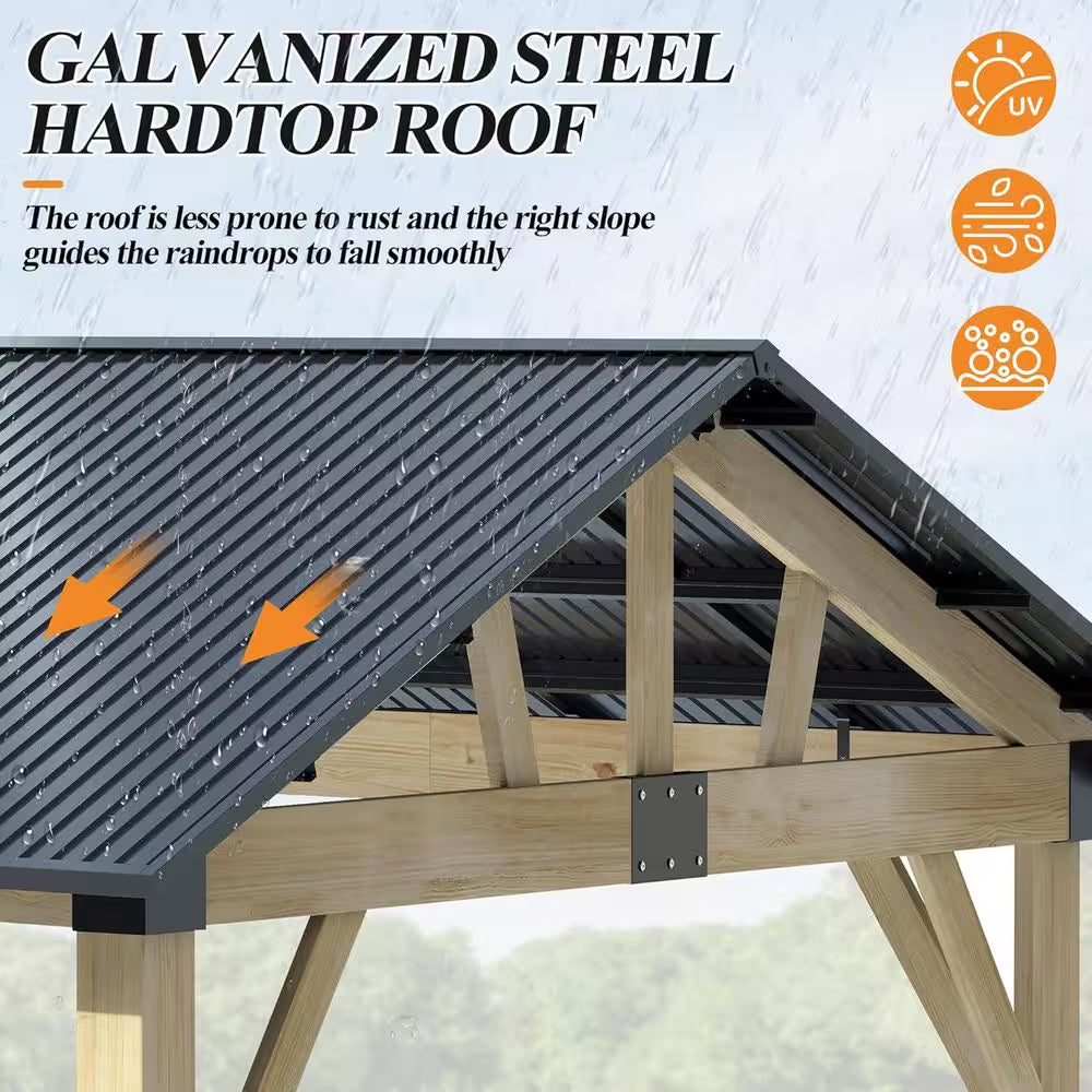 12 Ft. X 14 Ft. Outdoor Wood Gazebo-Hardtop Patio Gazebos with Galvanized Steel Roof, Cedar Wooden Gazebo