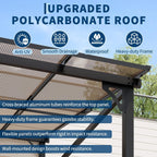 10X12Ft Lean to Metal Pergola Gazebo with Hardtop Polycarbonate Roof, Wall Mounted Outdoor Pergolas for Patios, Aluminum Frame Shade Shelter for Deck, Yard, Party, or Garden