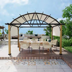 10 Ft. X 13 Ft. Wood Grain Aluminum Outdoor Pergola with Arched Canopy and Beige Retractable Shade