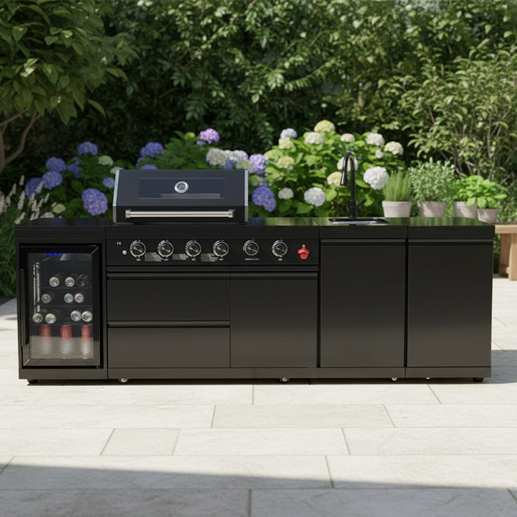 4-Burner Deluxe Stainless Steel Outdoor Kitchen Barbecue Island Grill with Marble Countertops – Black