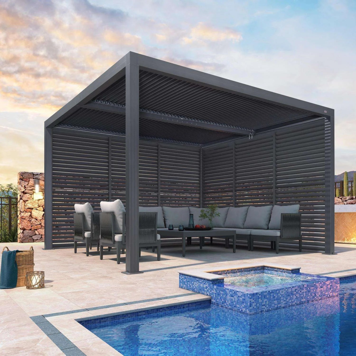 Grey Louvered Pergola Outdoor Aluminum Pergola with Adjustable Roof for Patio Grey Hardtop Gazebo