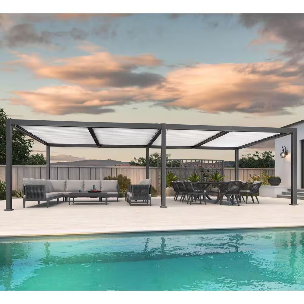 11.7 Ft. X 28.1 Ft. Gray Aluminum Outdoor Louvered Pergola with 4 White Individual Adjustable Roofs and In-Built Gutter