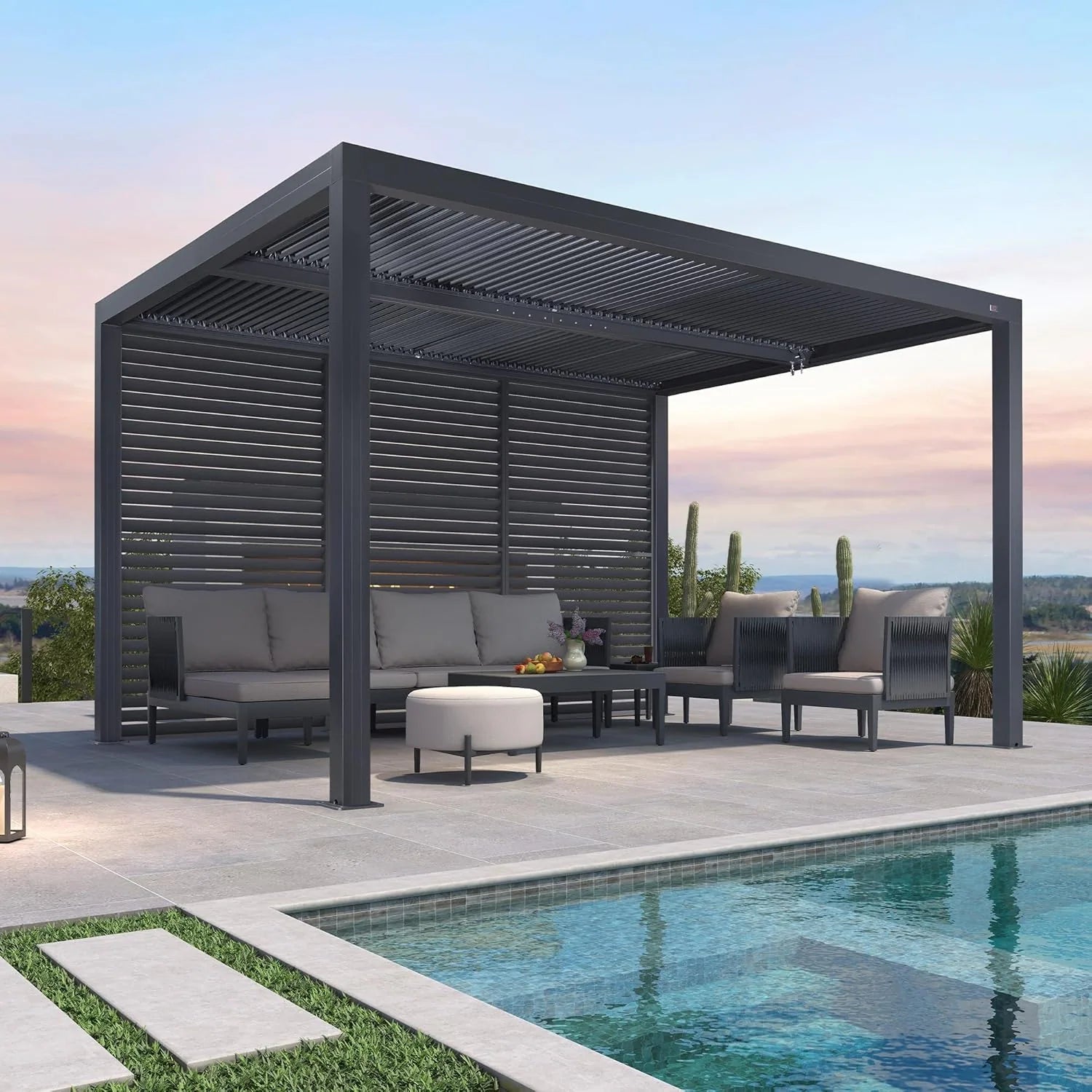 Grey Louvered Pergola Outdoor Aluminum Pergola with Adjustable Roof for Patio Grey Hardtop Gazebo