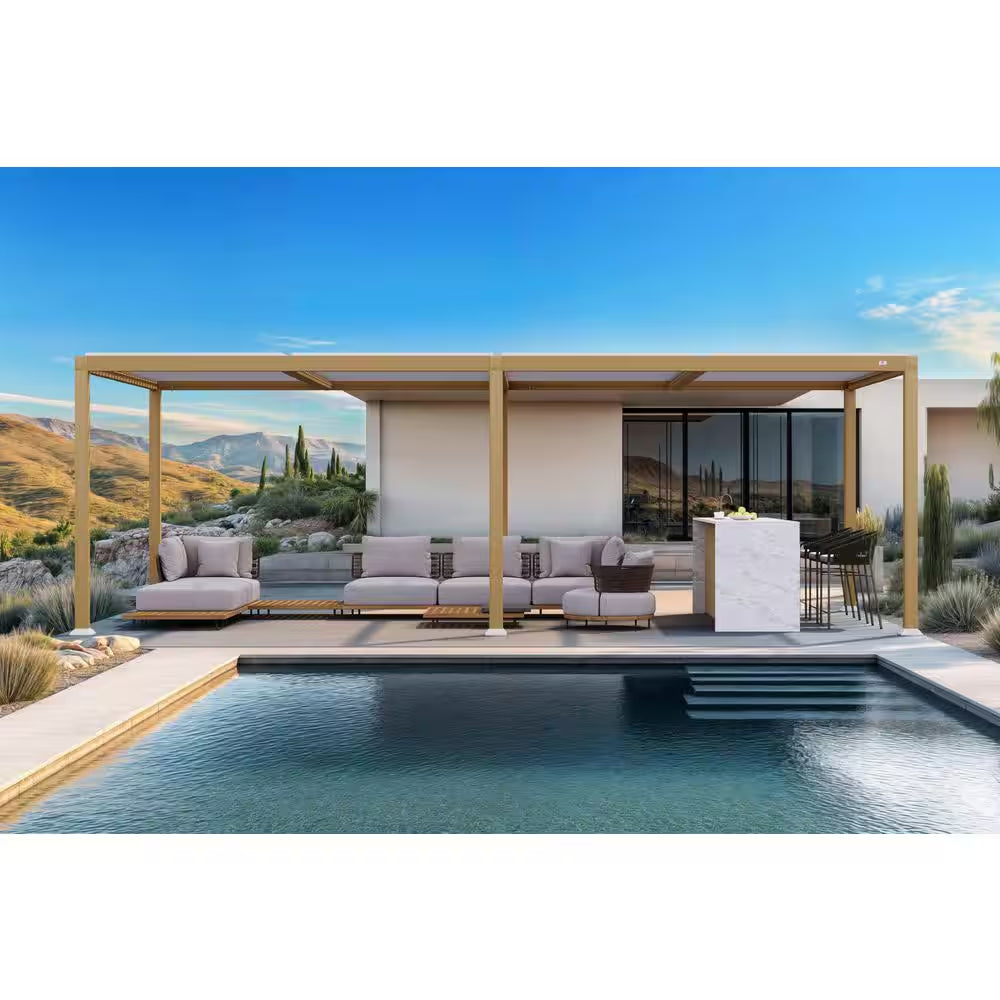 11.7 Ft. X 28.1 Ft. Wood Grain Aluminum Outdoor Louvered Pergola with 4-Individual Adjustable Roofs and In-Built Gutter