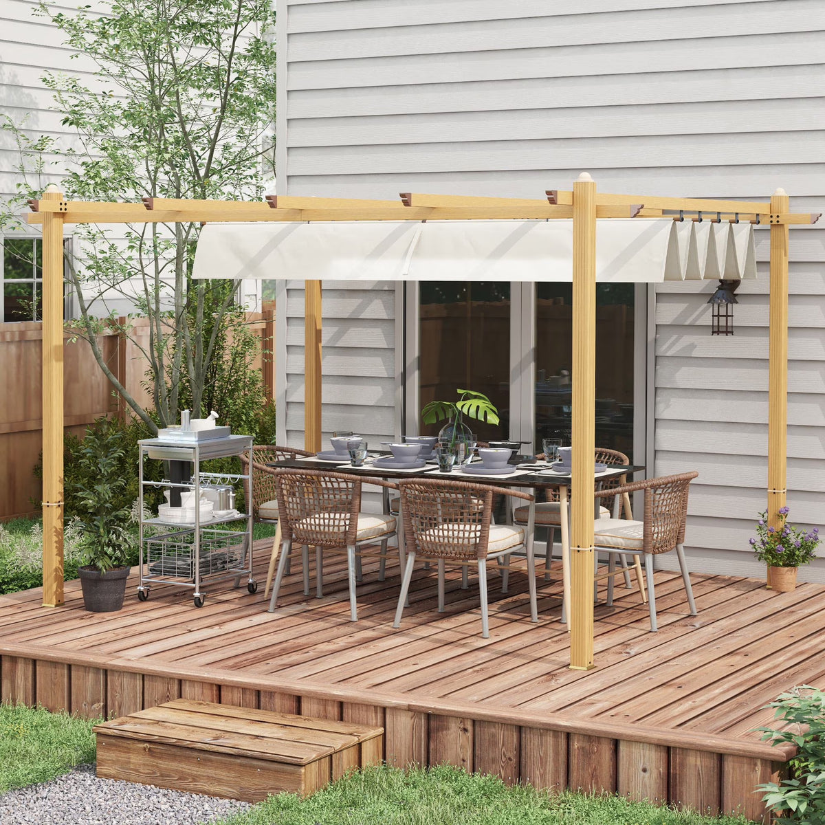 117" X 141.75" X 88.25" Retractable Pergola Cream White Aluminum Pergolas, Water-Resistant