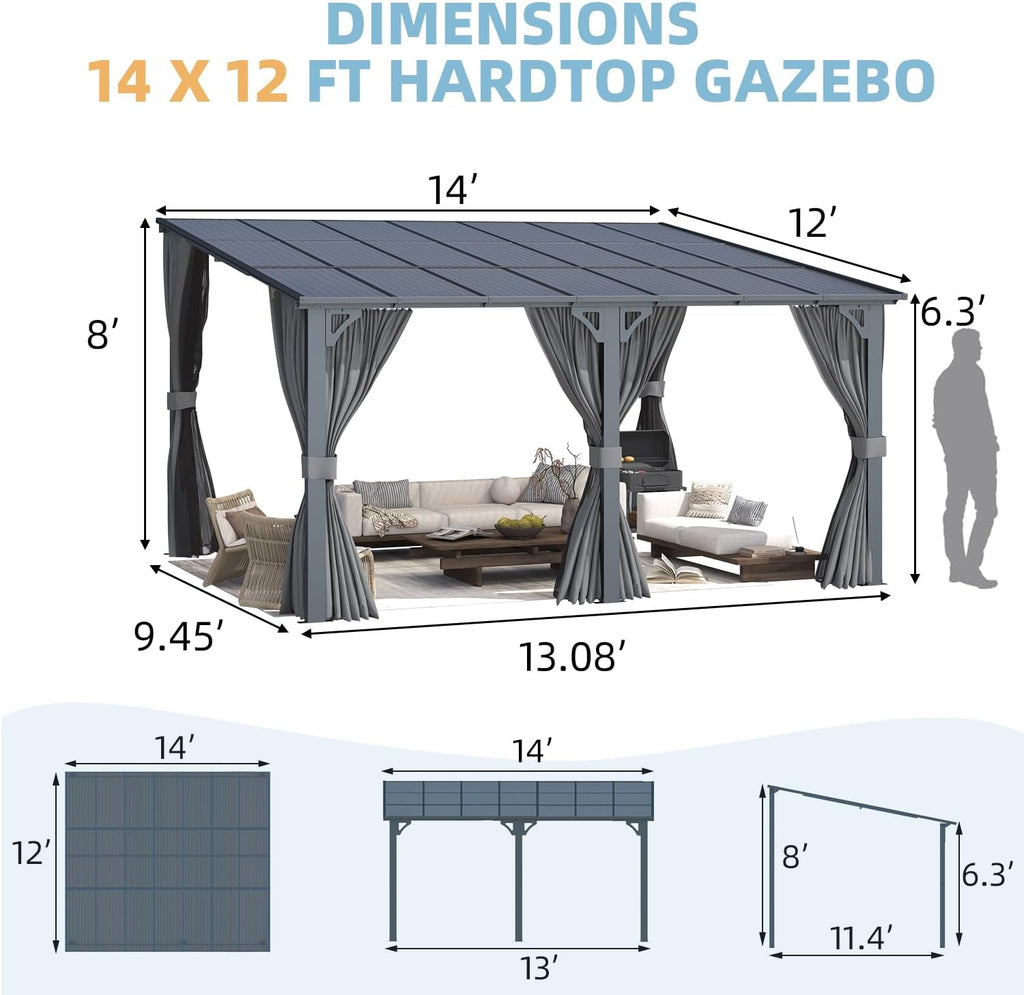 14' X 12' Gazebo Outdoor Pergola with Curtains and Netting for Patio, Large Wall-Mounted Hardtop 12X14 Lean to Metal Heavy Duty Gazebo, Pergolas and Gazebos Clearance with Patio Roof Awnings