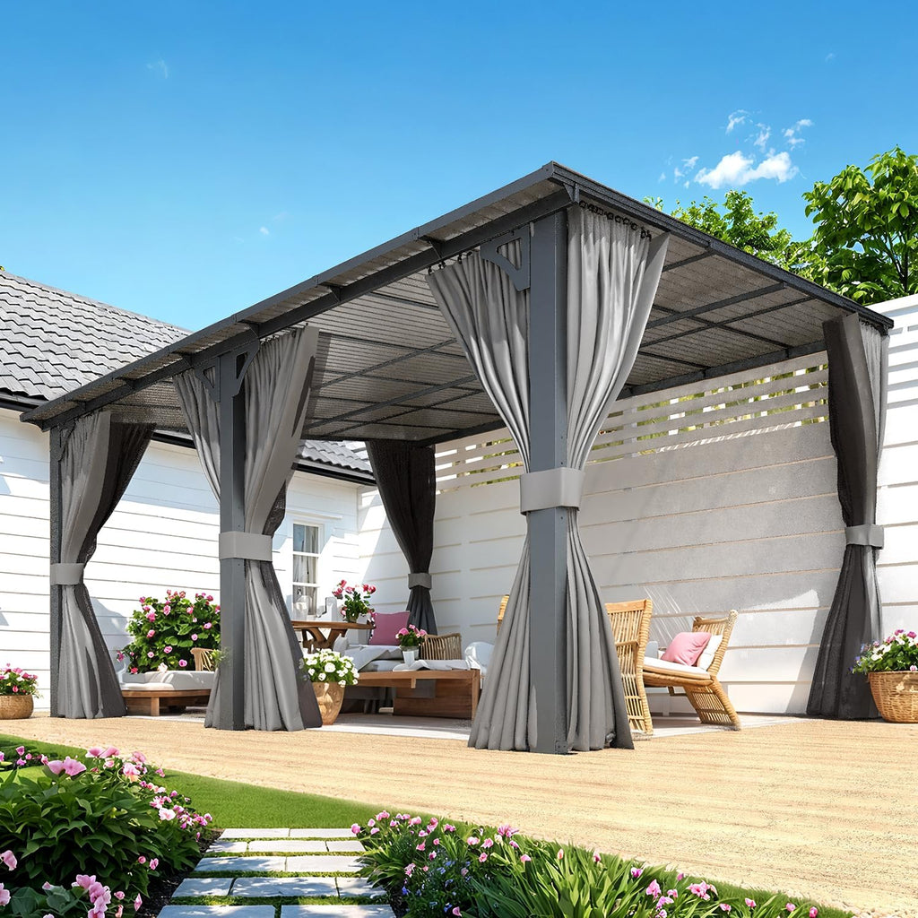 14' X 12' Gazebo Outdoor Pergola with Curtains and Netting for Patio, Large Wall-Mounted Hardtop 12X14 Lean to Metal Heavy Duty Gazebo, Pergolas and Gazebos Clearance with Patio Roof Awnings