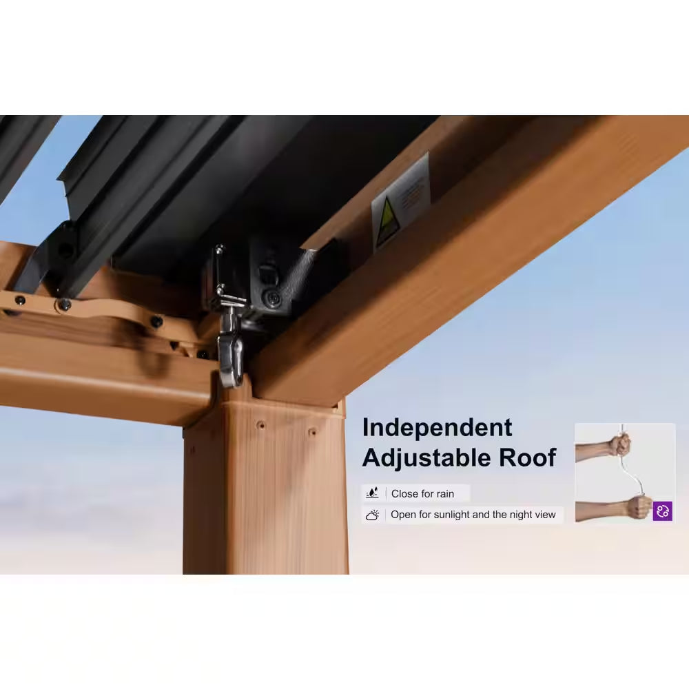 10 Ft. X 14 Ft. Deep Wood Grain Aluminum Outdoor Louvered Pergola with Individual Adjustable Roofs and In-Built Gutter