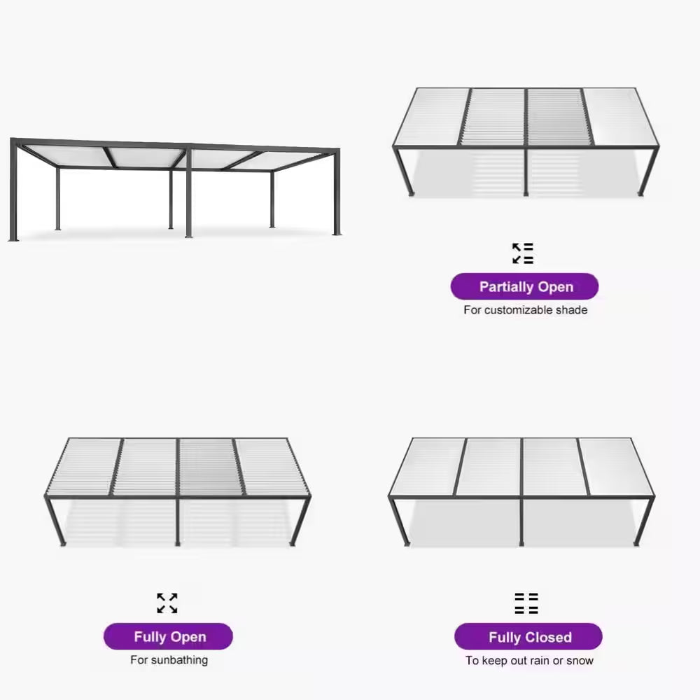 11.7 Ft. X 28.1 Ft. Gray Aluminum Outdoor Louvered Pergola with 4 White Individual Adjustable Roofs and In-Built Gutter