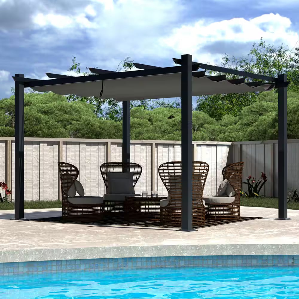13 Ft. X 10 Ft. Aluminum Outdoor Patio Pergola with Retractable Canopy in Dark Gray