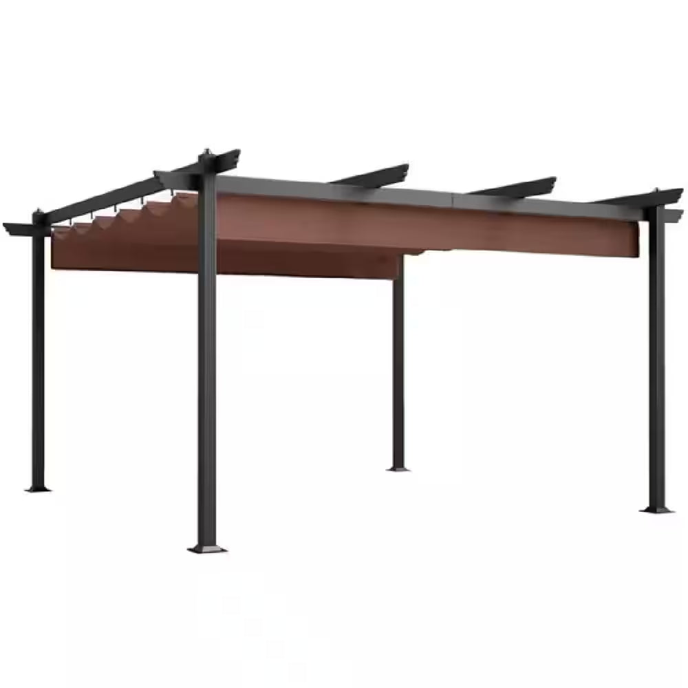 12 Ft. X 12 Ft. Brown Portable Gazebo, Retractable Pergola with Weather Resistant Canopy, Aluminum Patio Grill Gazebo