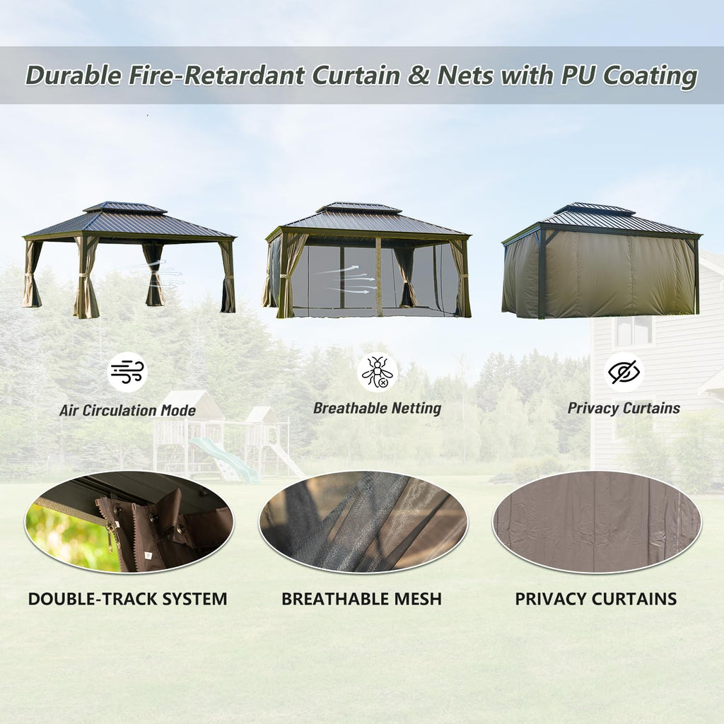 12' x 16' Hardtop Gazebo with Double Canopy - Brown