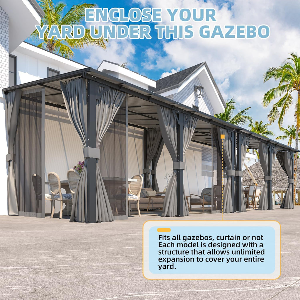 14' X 12' Gazebo Outdoor Pergola with Curtains and Netting for Patio, Large Wall-Mounted Hardtop 12X14 Lean to Metal Heavy Duty Gazebo, Pergolas and Gazebos Clearance with Patio Roof Awnings