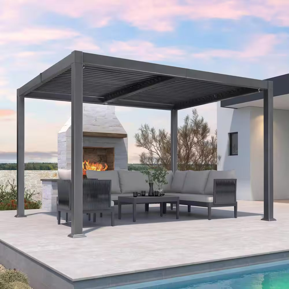10.2 Ft. X 12.3 Ft. Gray Aluminum Outdoor Louvered Pergola with 2-Individual Adjustable Roofs and In-Built Gutter System