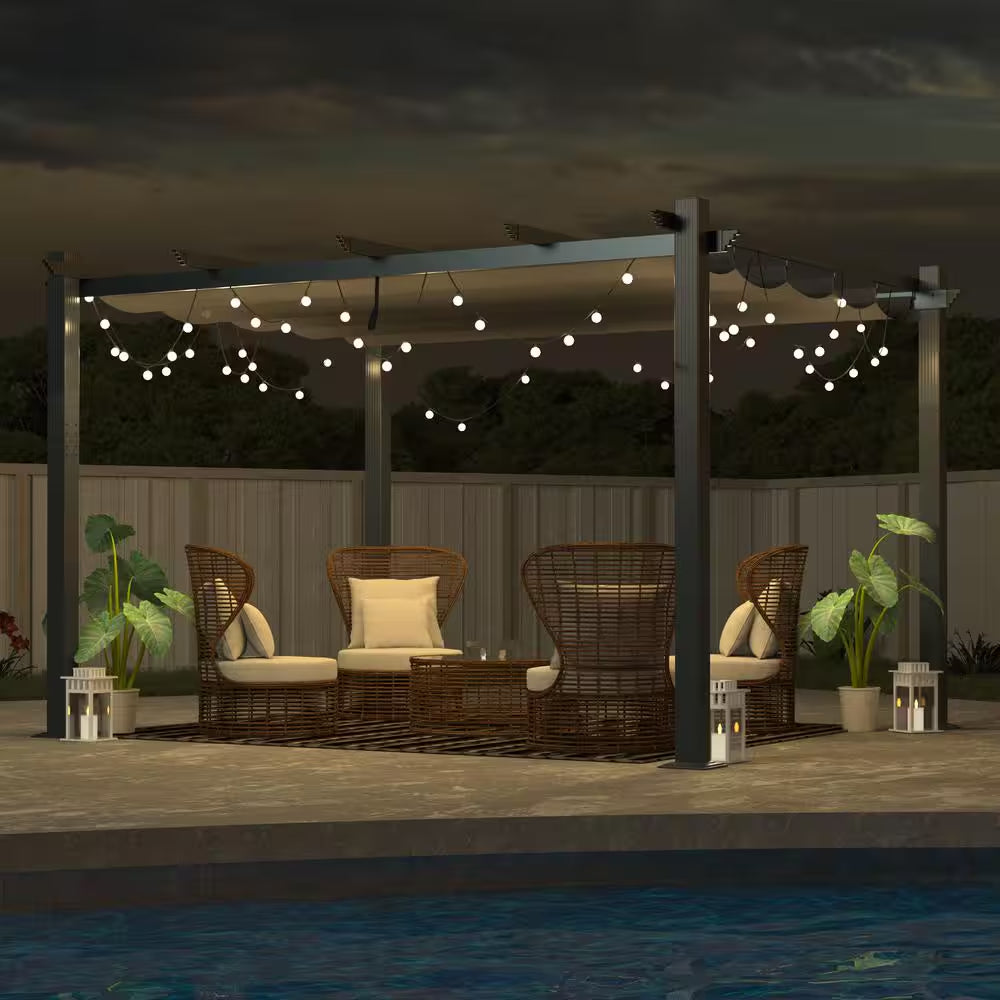 13 Ft. X 10 Ft. Aluminum Outdoor Patio Pergola with Retractable Canopy in Dark Gray