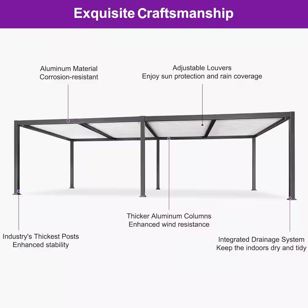 11.7 Ft. X 28.1 Ft. Gray Aluminum Outdoor Louvered Pergola with 4 White Individual Adjustable Roofs and In-Built Gutter