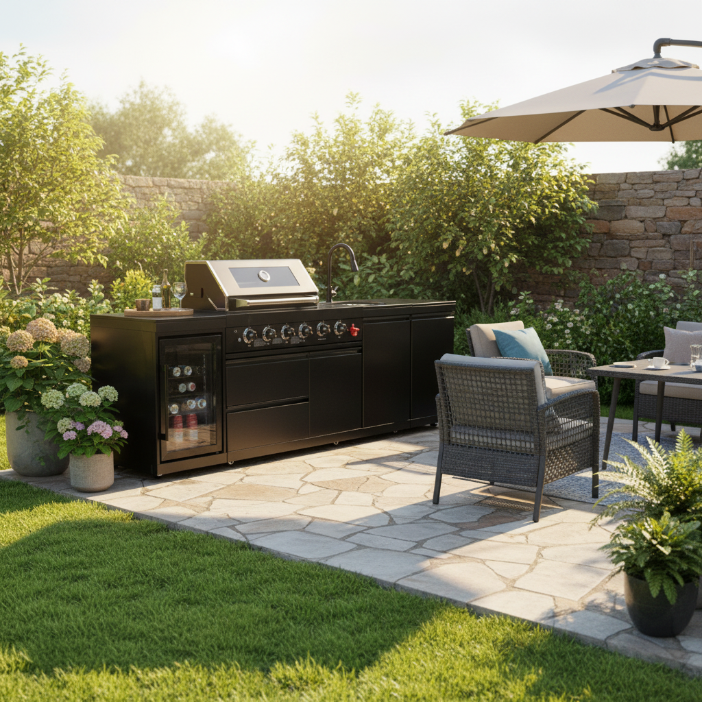 4-Burner Deluxe Stainless Steel Outdoor Kitchen Barbecue Island Grill with Marble Countertops – Black