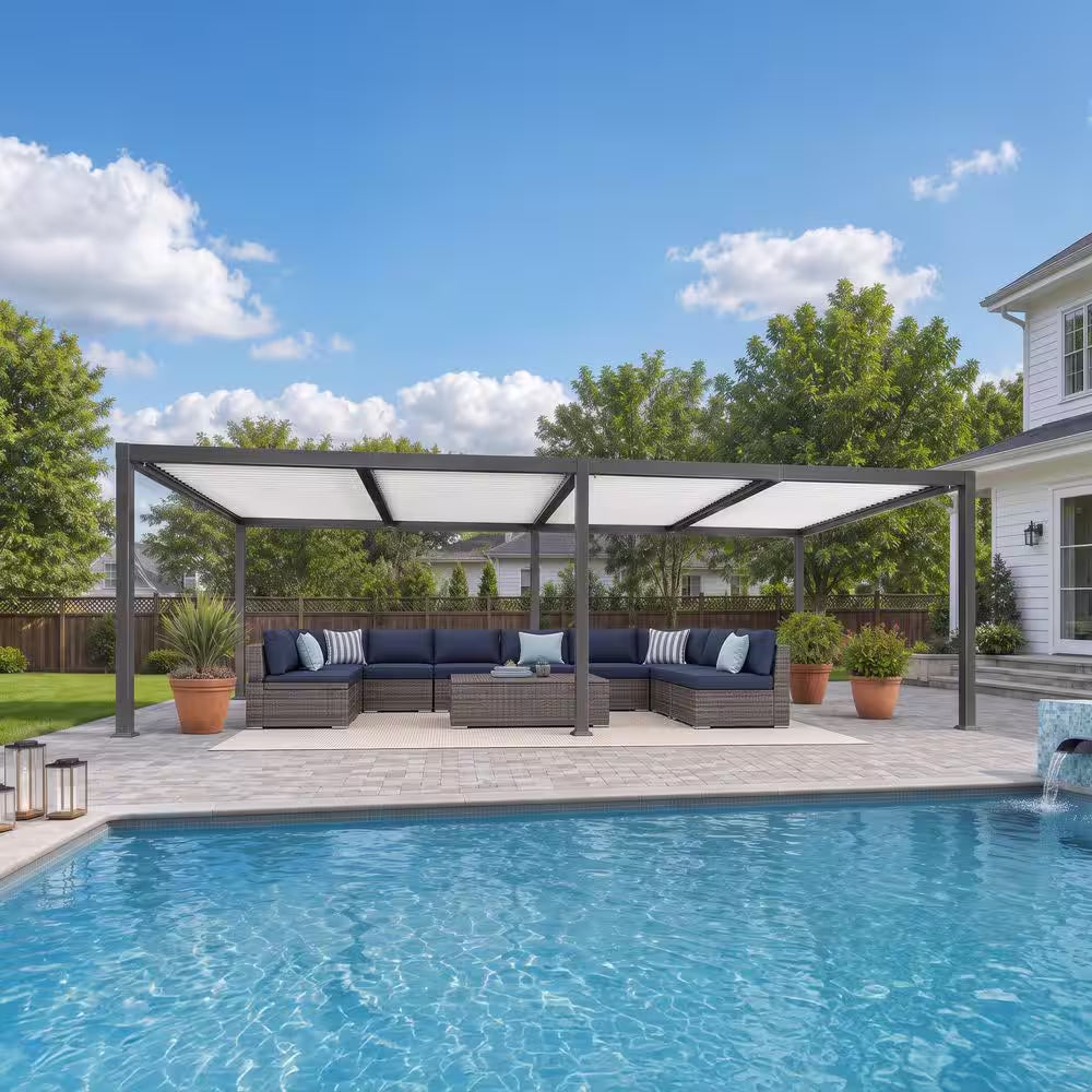 11.7 Ft. X 28.1 Ft. Gray Aluminum Outdoor Louvered Pergola with 4 White Individual Adjustable Roofs and In-Built Gutter