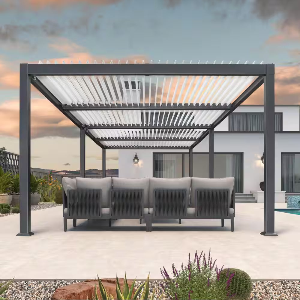 11.7 Ft. X 28.1 Ft. Gray Aluminum Outdoor Louvered Pergola with 4 White Individual Adjustable Roofs and In-Built Gutter