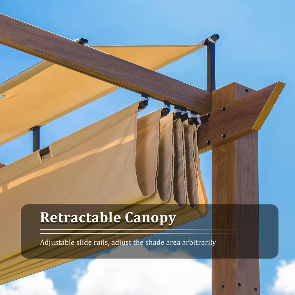 13 Ft. X 9 Ft. Outdoor Wood-Looking Aluminum Pergola with Beige Retractable Shade Canopy for Patiogarden Backyard