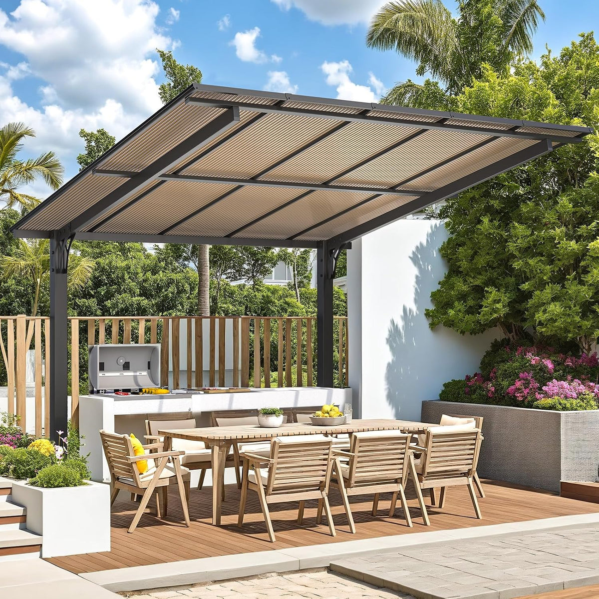 10' X 10' Outdoor Lean to Gazebo for Patio, Freestanding Pergola Carport Hard Top Pergolas and Gazebos Clearance with Roof, Wall-Mounted Heavy Duty Metal Awnings for Patio, Decks