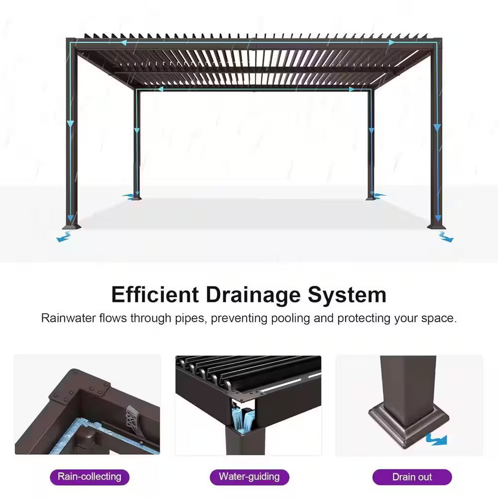 11.6 Ft. X 15.1 Ft. Bronze Aluminum Outdoor Louvered Pergola with 2-Individual Adjustable Roofs and In-Built Gutter