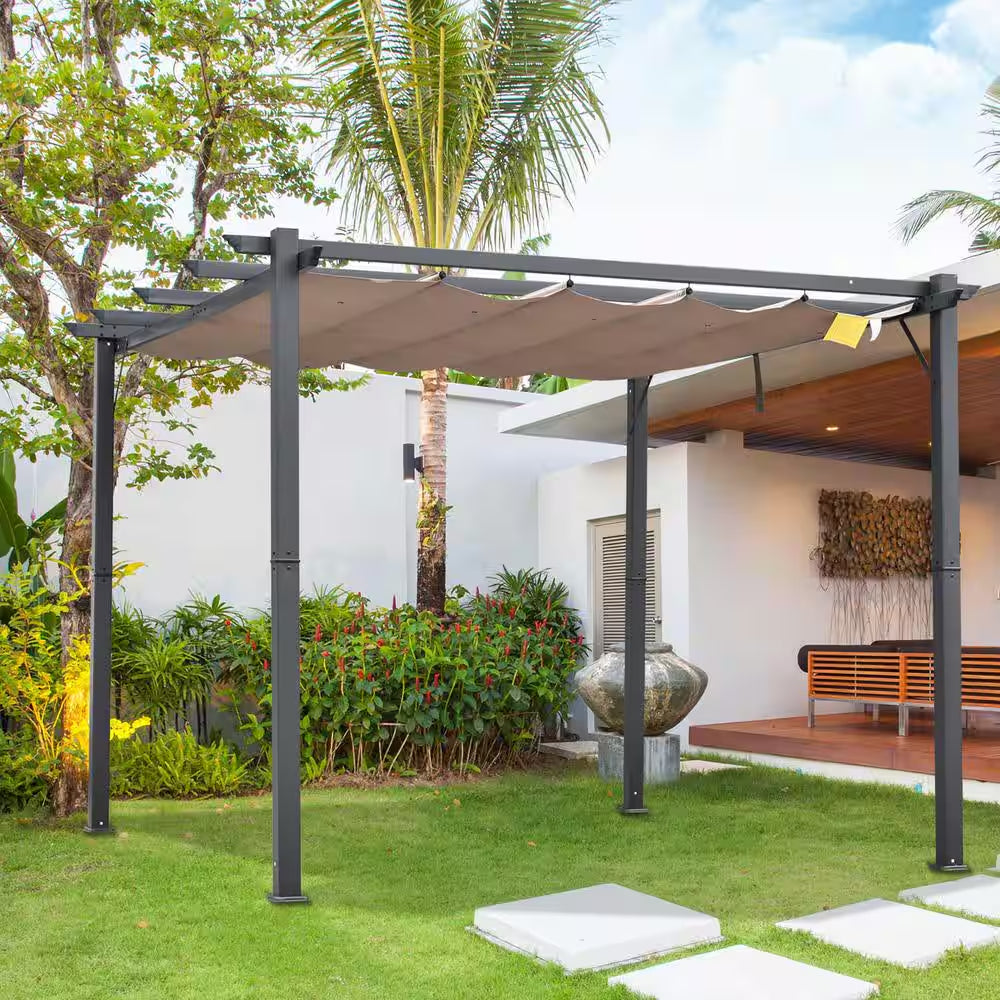 10 Ft. X 10 Ft. Aluminum Retractable Patio Gazebo Garden Pergola Charcoal Grey
