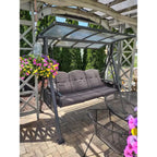 Patio 3-Seat Adjustable PVC Canopy Porch Swing with Side Cup Holder, Cushions and Pillow Included, Gray