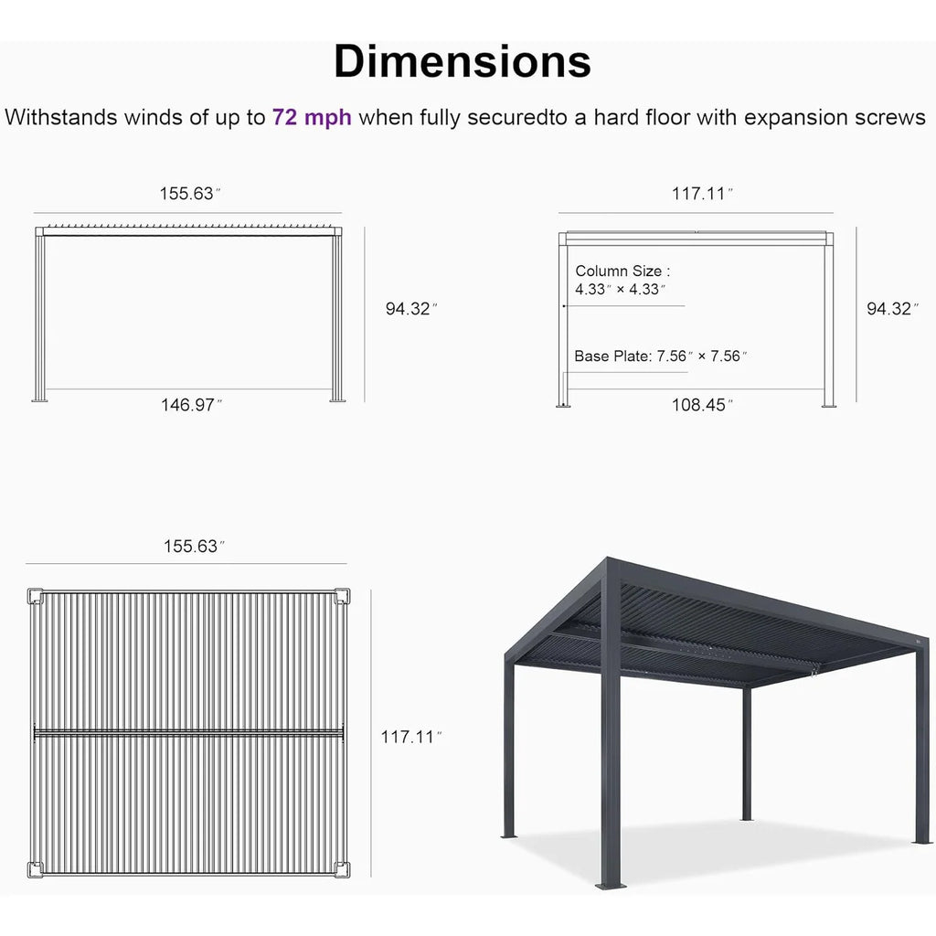 Grey Louvered Pergola Outdoor Aluminum Pergola with Adjustable Roof for Patio Grey Hardtop Gazebo