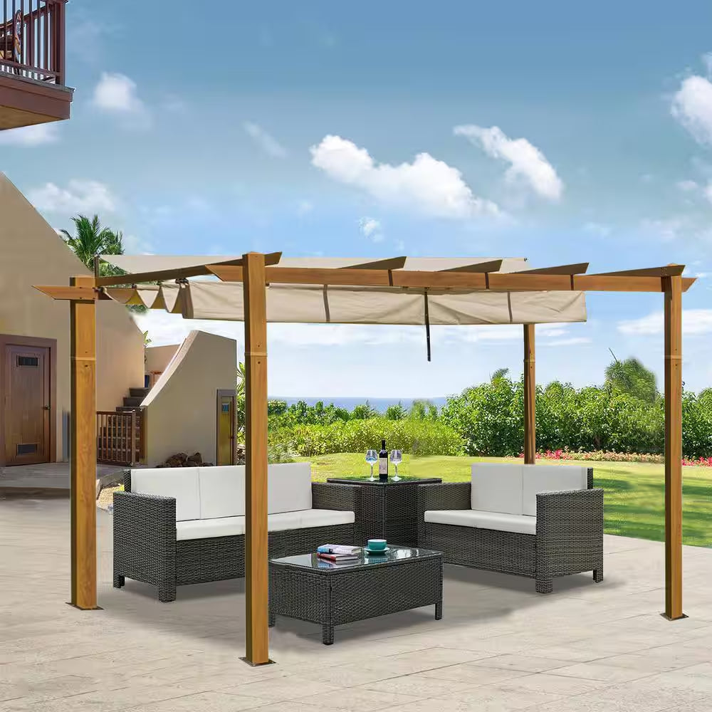 13 Ft. X 9 Ft. Outdoor Wood-Looking Aluminum Pergola with Beige Retractable Shade Canopy for Patiogarden Backyard