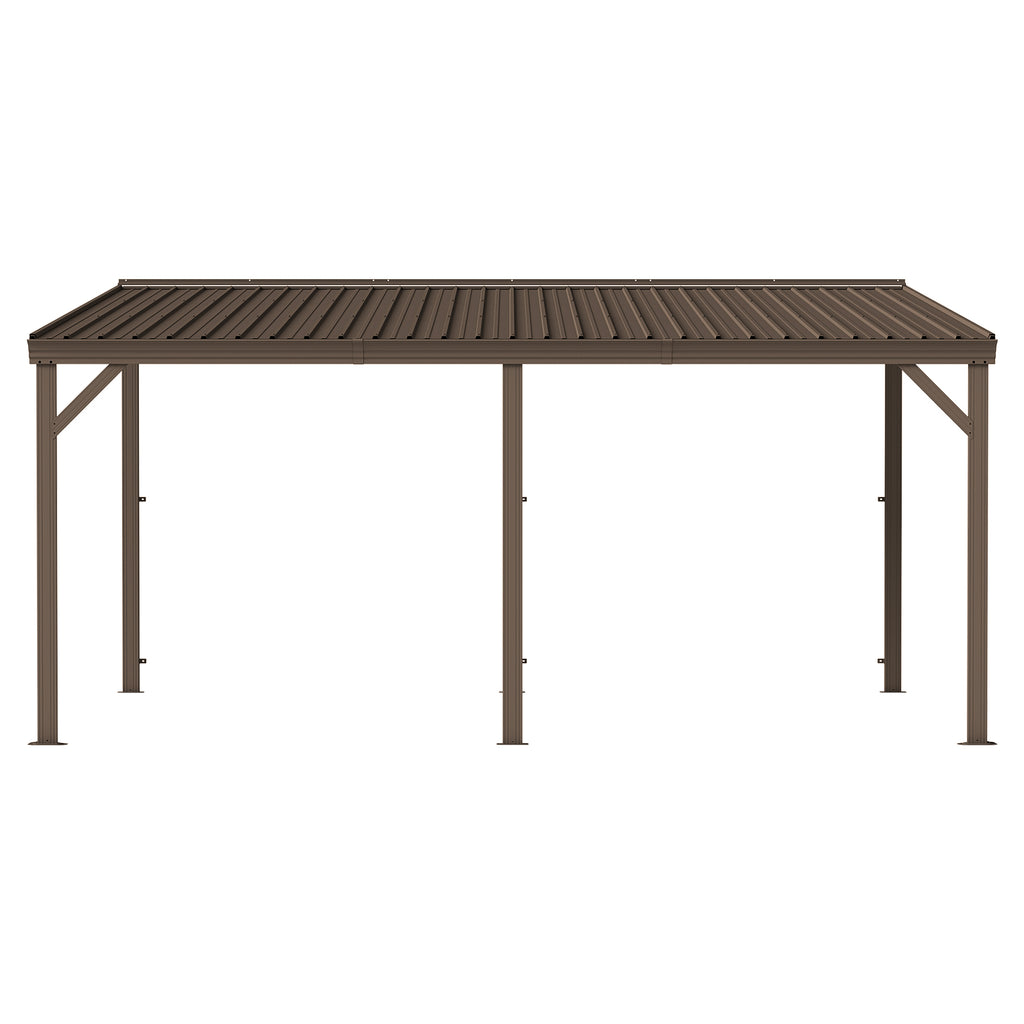 12 X16 Hardtop Lean to Gazebo with Gutters, Connectable Wall Mounted Gazebo Pergola with Galvanized Steel Roof, 60MPH Wind Resistance, Outdoor Large Metal Canopy, for Patio, Deck, Lawn - Brown