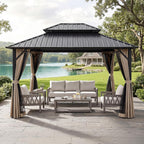 10' X 12' Hardtop Gazebo, Aluminum Frame Outdoor Patio Gazebo with Netting and Curtains, Outdoor Hardtop Gazebos, Patio Pergolas with Double Metal Roofs for Backyard, Patio, Deck, Sandstone