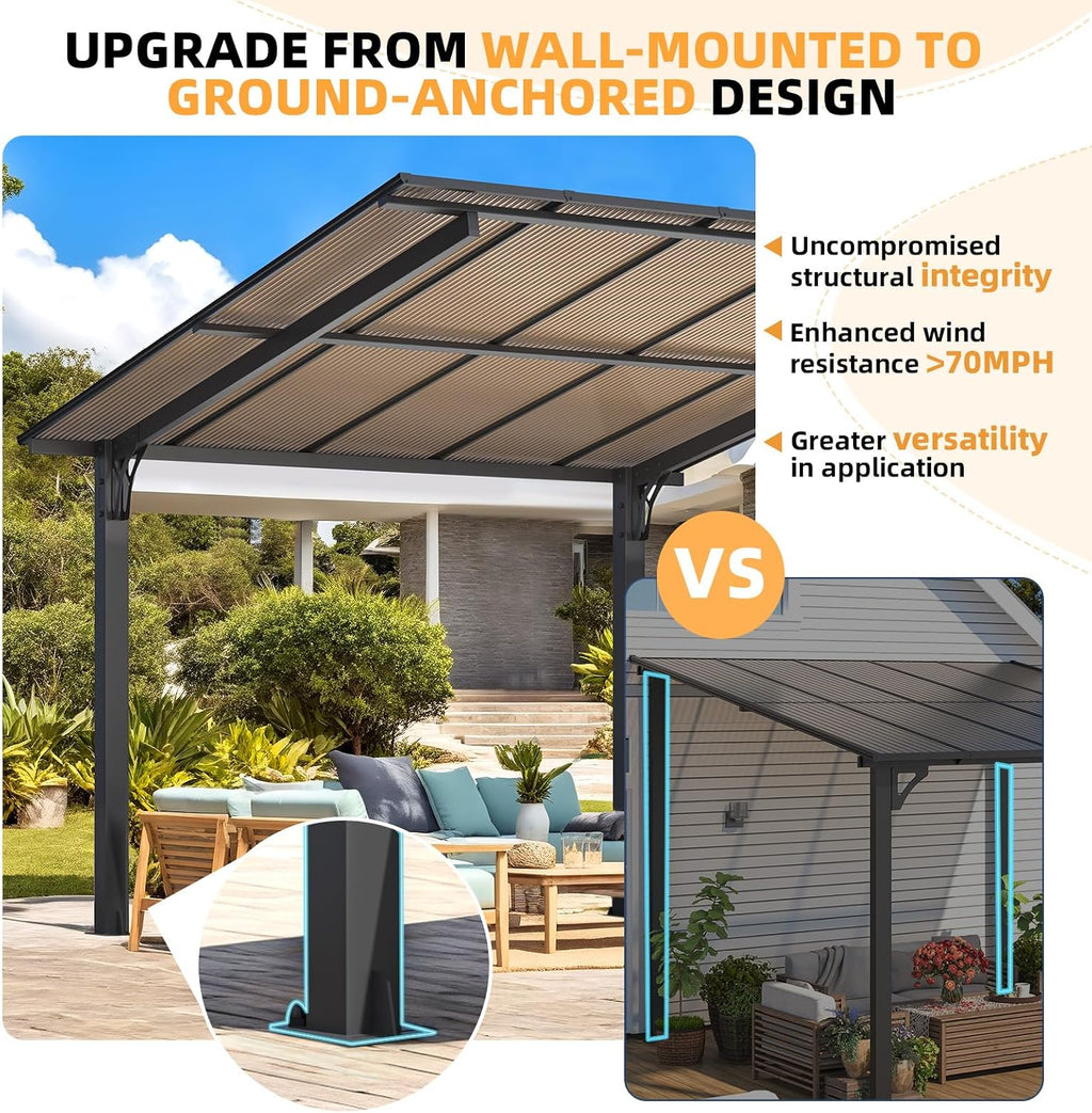 10' X 10' Outdoor Lean to Gazebo for Patio, Freestanding Pergola Carport Hard Top Pergolas and Gazebos Clearance with Roof, Wall-Mounted Heavy Duty Metal Awnings for Patio, Decks