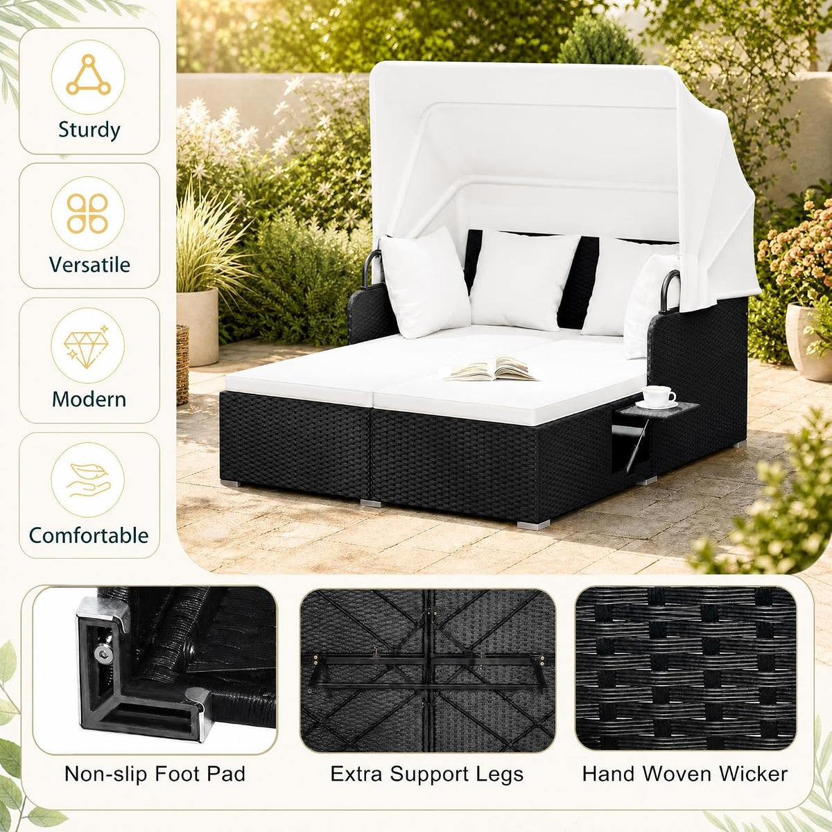 Outdoor Daybed with Retractable Canopy (White)