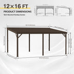 12 X16 Hardtop Lean to Gazebo with Gutters, Connectable Wall Mounted Gazebo Pergola with Galvanized Steel Roof, 60MPH Wind Resistance, Outdoor Large Metal Canopy, for Patio, Deck, Lawn - Brown