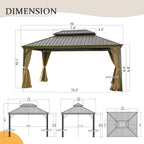 12' x 16' Hardtop Gazebo with Double Canopy - Brown