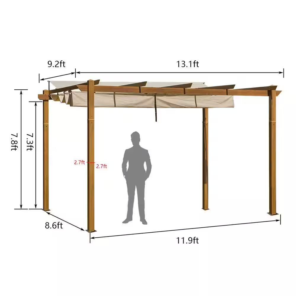 13 Ft. X 9 Ft. Outdoor Wood-Looking Aluminum Pergola with Beige Retractable Shade Canopy for Patiogarden Backyard