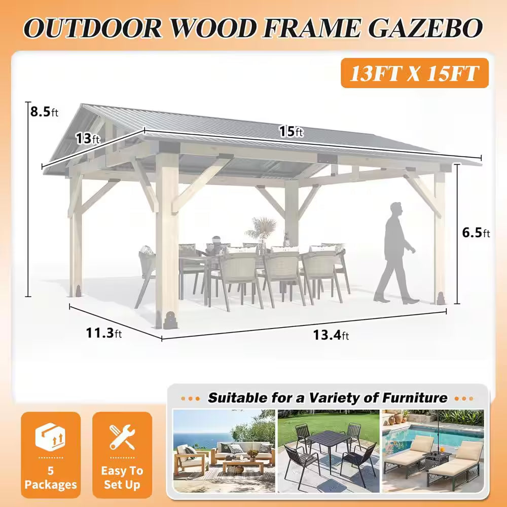 12 Ft. X 14 Ft. Outdoor Wood Gazebo-Hardtop Patio Gazebos with Galvanized Steel Roof, Cedar Wooden Gazebo