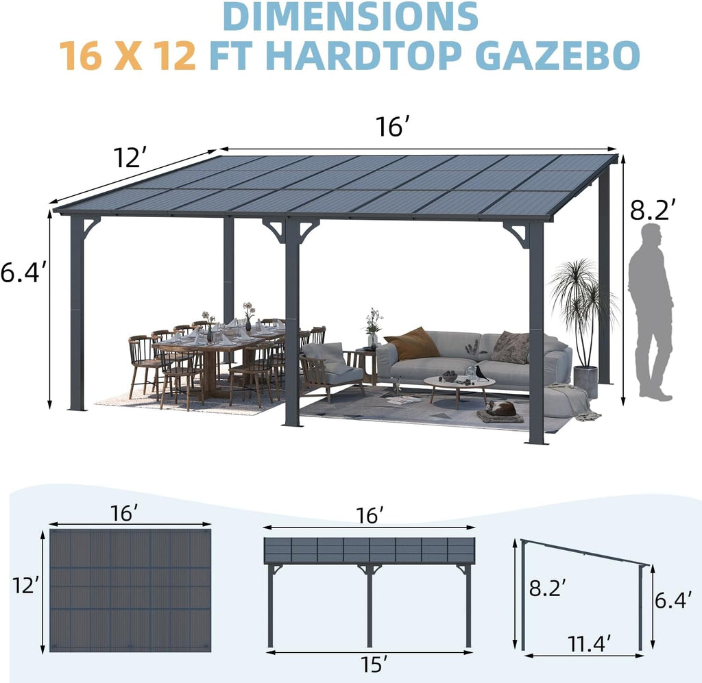 16' X 12' Gazebo Outdoor Pergola for Patio, 12X16 Large Wall-Mounted Hard Top Lean to Metal Gazebo Shelter Pergolas and Gazebos Clearance with Patio Roof, Heavy Duty Awnings for Decks