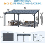 16' X 12' Gazebo Outdoor Pergola for Patio, 12X16 Large Wall-Mounted Hard Top Lean to Metal Gazebo Shelter Pergolas and Gazebos Clearance with Patio Roof, Heavy Duty Awnings for Decks