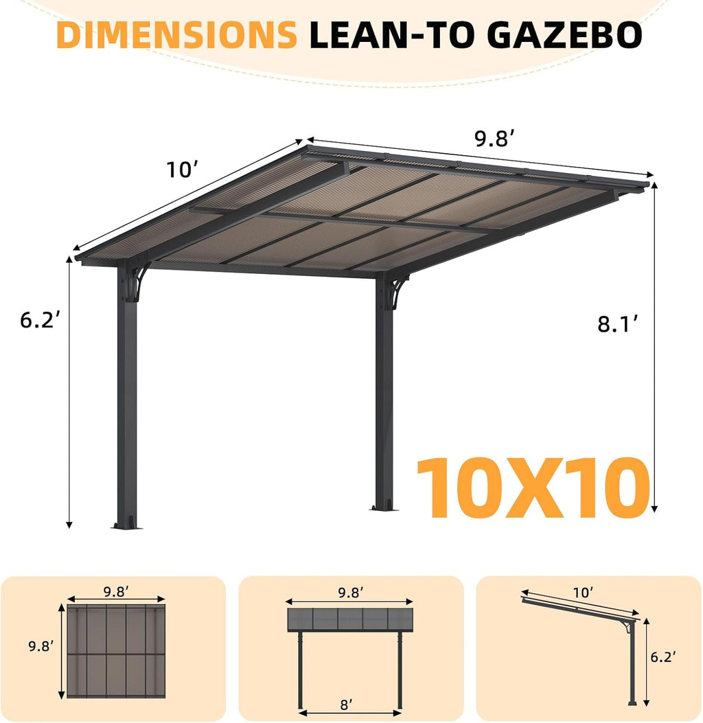 10' X 10' Outdoor Lean to Gazebo for Patio, Freestanding Pergola Carport Hard Top Pergolas and Gazebos Clearance with Roof, Wall-Mounted Heavy Duty Metal Awnings for Patio, Decks