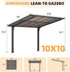 10' X 10' Outdoor Lean to Gazebo for Patio, Freestanding Pergola Carport Hard Top Pergolas and Gazebos Clearance with Roof, Wall-Mounted Heavy Duty Metal Awnings for Patio, Decks