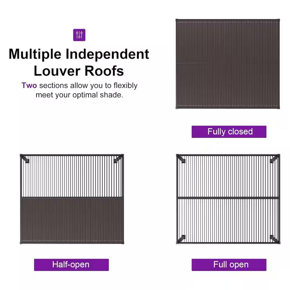 11.6 Ft. X 15.1 Ft. Bronze Aluminum Outdoor Louvered Pergola with 2-Individual Adjustable Roofs and In-Built Gutter