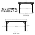 Stratford 16 Ft. X 12 Ft. Black Galvanized Steel Traditional Outdoor Patio Pergola with Trellis Roof