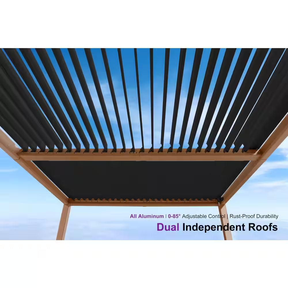 10 Ft. X 14 Ft. Deep Wood Grain Aluminum Outdoor Louvered Pergola with Individual Adjustable Roofs and In-Built Gutter