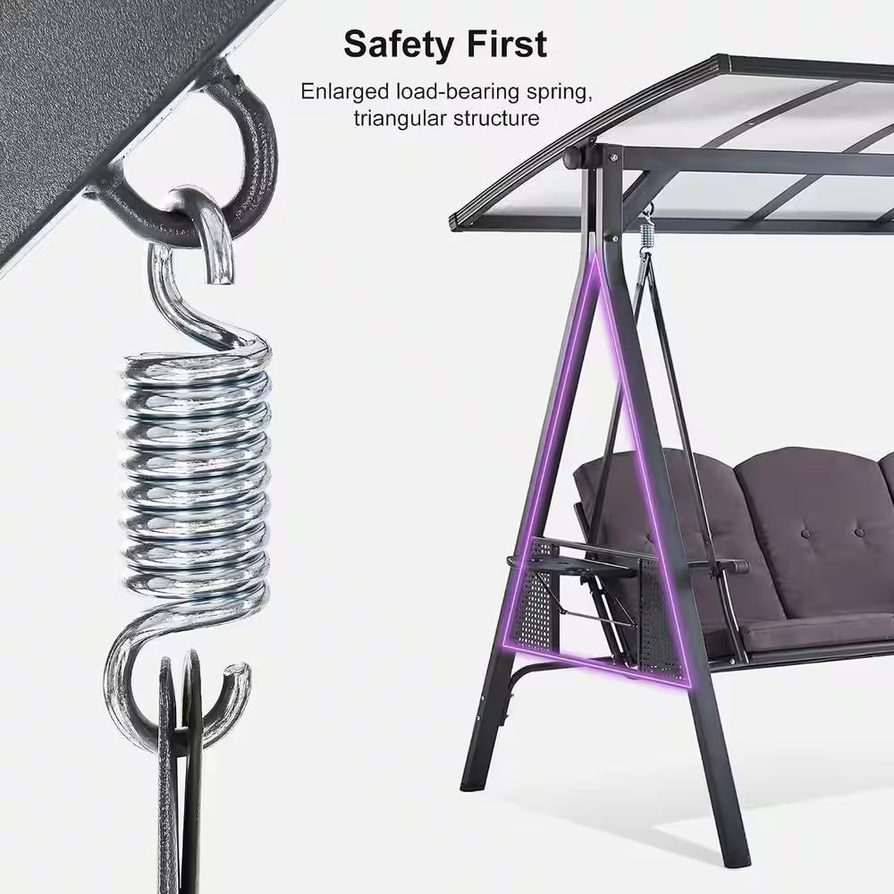 Patio 3-Seat Adjustable PVC Canopy Porch Swing with Side Cup Holder, Cushions and Pillow Included, Gray